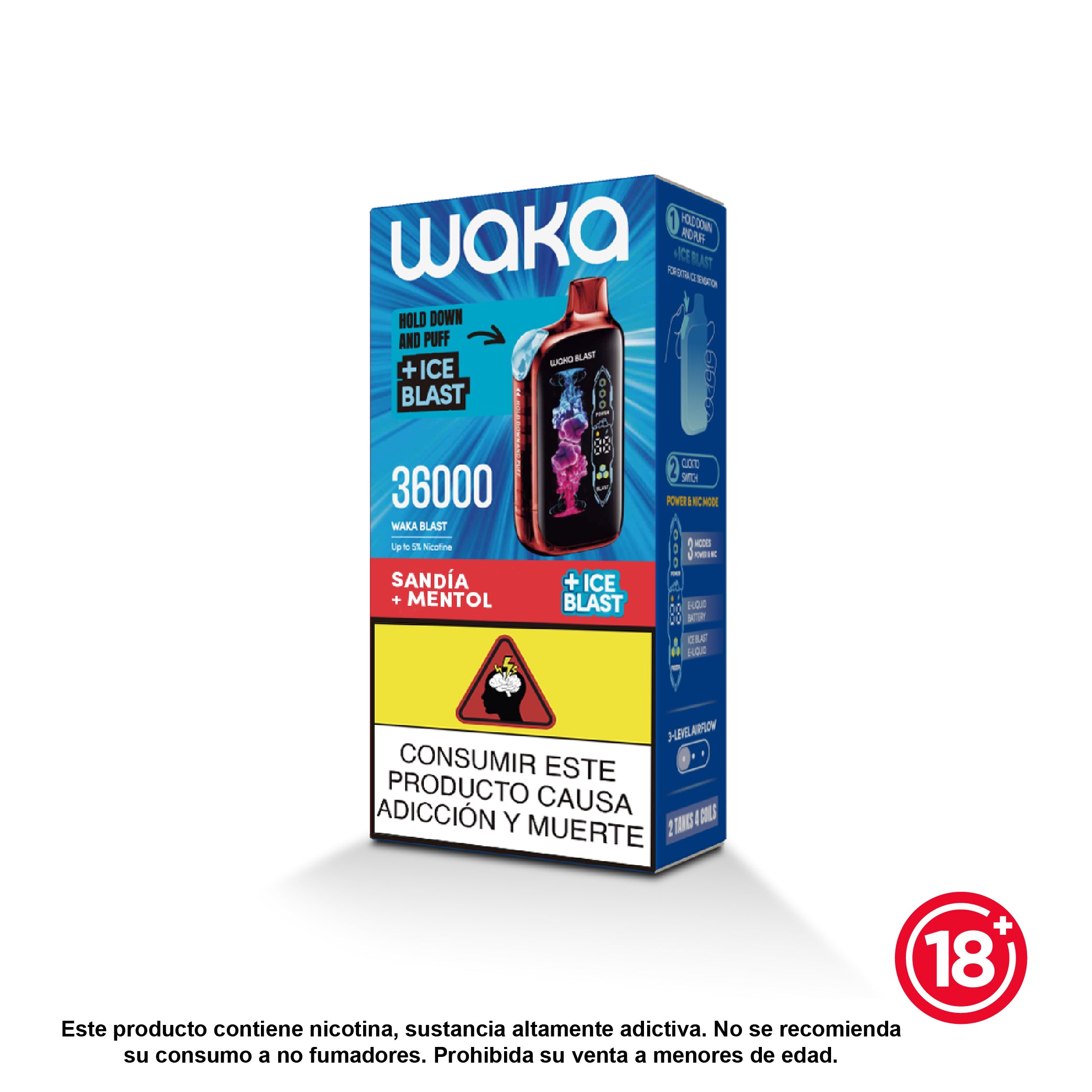 Experience WAKA Colombia Disposable WAKA Blast 36.000 Sandia & Mentol Flavor Flavour 5% Nicotine 3 Modos de Potencia y Nicotina 36,000 Puffs WAKA Colombia Desechable WAKA Blast 36.000 Sandia & Mentol Sabor Flavor 5% Nicotine 36,000 Puffs 3 Modos de Potencia y Nicotina