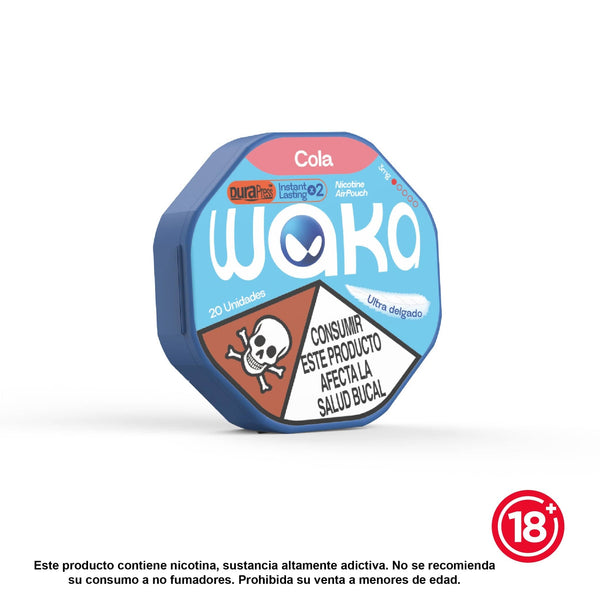 Bolsas de nicotina WAKA Airpouch sabor Cola (3mg). Caja de 20 bolsas ultra delgadas, sin tabaco, ideal para uso discreto.
