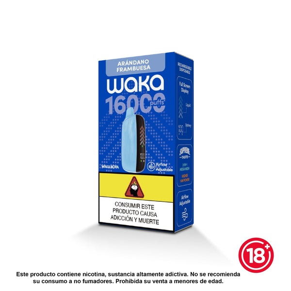 Vapeador desechable WAKA Nova 16000 puffs sabor Arándano Frambuesa (5% nicotina). Caja con pantalla digital y flujo de aire ajustable.
