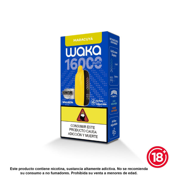 Vapeador desechable WAKA Nova 16000 puffs sabor Maracuyá (5% nicotina). Dispositivo con pantalla completa y flujo de aire ajustable.
