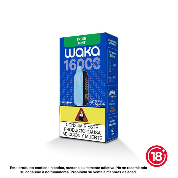Vapeador desechable WAKA Nova 16000 puffs sabor Menta Fresca (5% nicotina). Dispositivo con pantalla completa y flujo de aire ajustable
