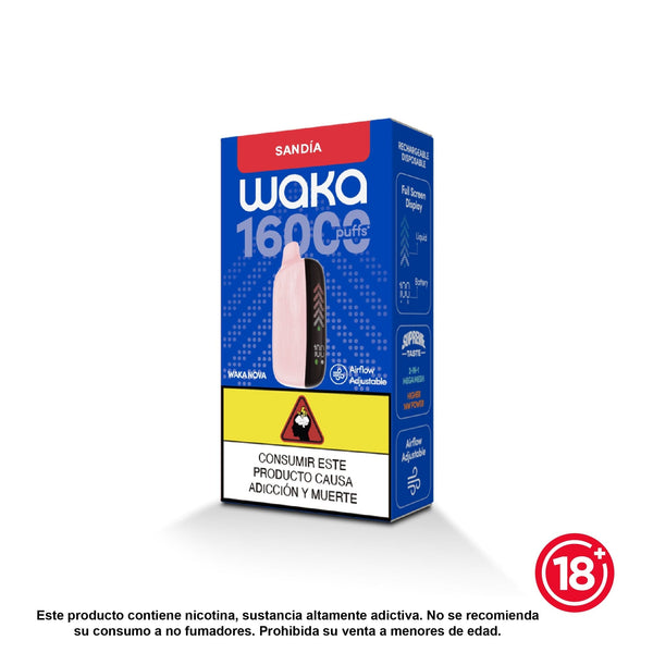 Caja del vapeador desechable WAKA Nova 16000 puffs sabor Sandía (5% de nicotina). El empaque destaca su pantalla completa y flujo de aire ajustable.
