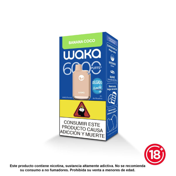 Vapeador desechable WAKA Pocket 6000 puffs sabor Banana Coco (3% nicotina). Diseño delgado de 15mm con batería de larga duración.
