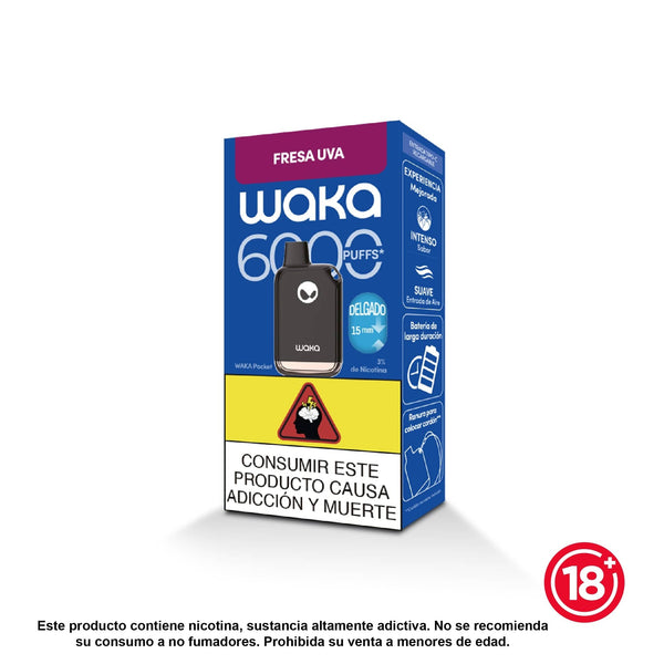 Vapeador desechable WAKA Pocket 6000 puffs sabor Fresa Uva (3% nicotina). Diseño compacto de 15mm con tecnología de batería de larga duración.
