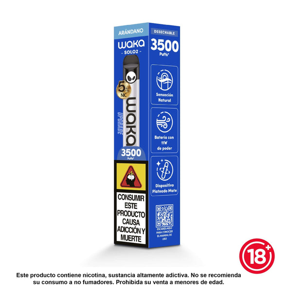Vapeador desechable WAKA Solo 2 sabor Arandano (5% nicotina). Diseño plateado mate con 3500 puffs y tecnología de calada natural
