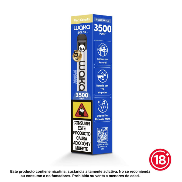 Vapeador desechable WAKA Solo 2 sabor Pina Colada (5% nicotina). Diseño plateado mate con 3500 puffs y tecnología de calada natural.
