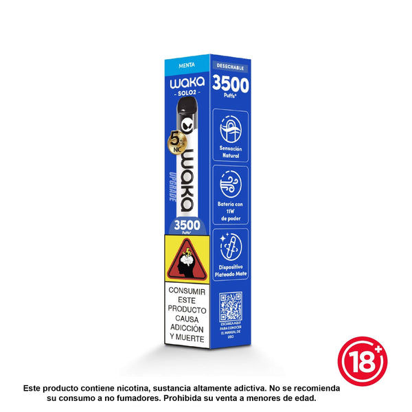 Vapeador desechable WAKA Solo 2 sabor Menta (5% nicotina). Dispositivo en plata mate con 3500 puffs y tecnología de sabor natural.
