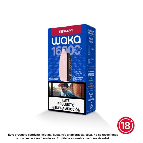 Vapeador WAKA Nova 16000 puffs sabor Fresa Kiwi con pantalla completa, doble malla y 5% nicotina.
