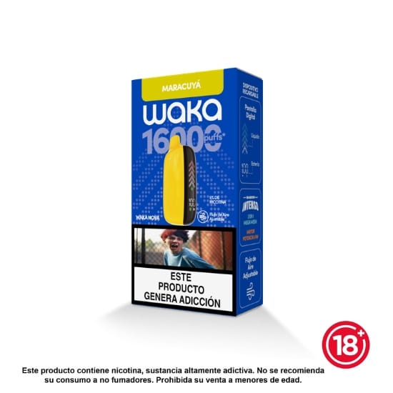 Vapeador desechable WAKA Nova 16000 puffs sabor Maracuyá (5% nicotina). Dispositivo con pantalla completa y flujo de aire ajustable.
