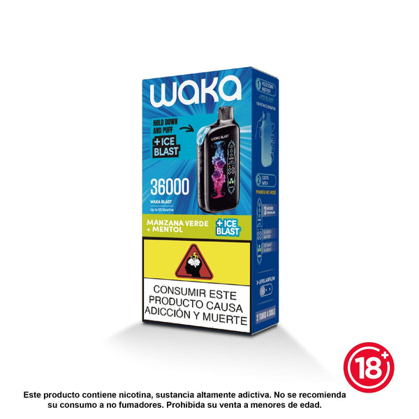 Vapeador desechable WAKA Blast 36000 puffs sabor Manzana Verde Mentol con 5% nicotina y modo Ice Blast.
