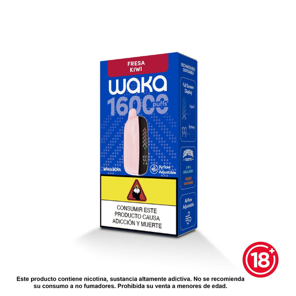 Vapeador WAKA Nova 16000 puffs sabor Fresa Kiwi con pantalla completa, doble malla y 5% nicotina.
