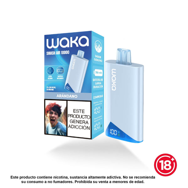 Vape desechable WAKA Smash Air 10.000 puffs sabor Arándano. Dispositivo color blanco y azul junto a su caja de presentación original.
