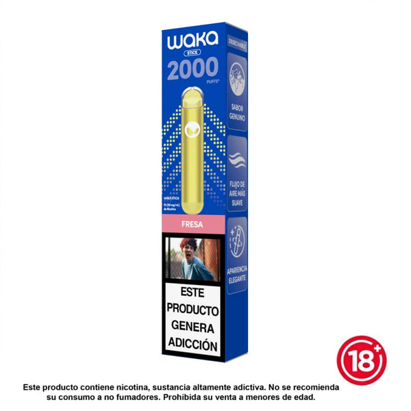 Vapeador desechable WAKA Stick sabor fresa (5% nicotina). Dispositivo ultra ligero y compacto con 2000 puffs, ideal para llevar a cualquier lugar.
