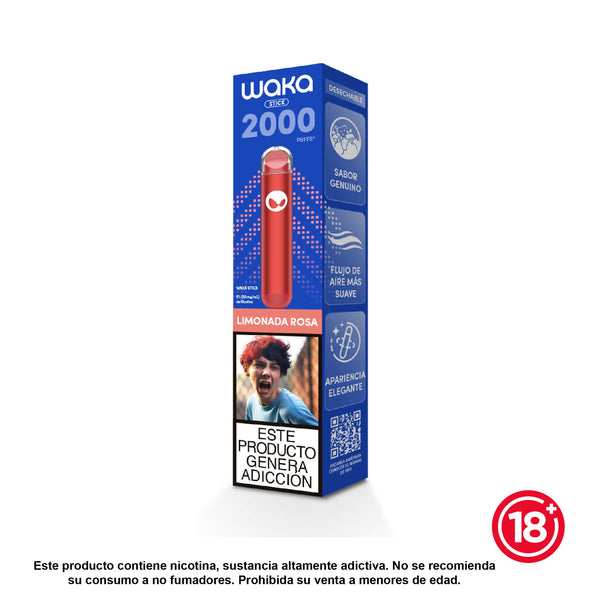 Vapeador desechable WAKA Stick limonada Rosa (5% nicotina). Dispositivo ultra ligero y compacto con 2000 puffs, ideal para llevar a cualquier lugar.
