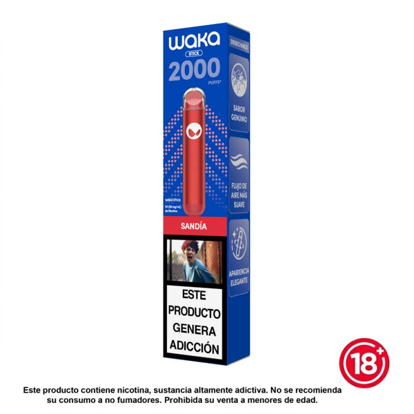 Vapeador desechable WAKA Stick sabor sandia (5% nicotina). Dispositivo ultra ligero y compacto con 2000 puffs, ideal para llevar a cualquier lugar.
