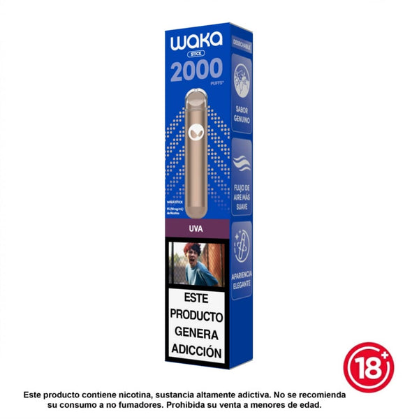 Vapeador desechable WAKA Stick sabor uva (5% nicotina). Dispositivo ultra ligero y compacto con 2000 puffs, ideal para llevar a cualquier lugar.
